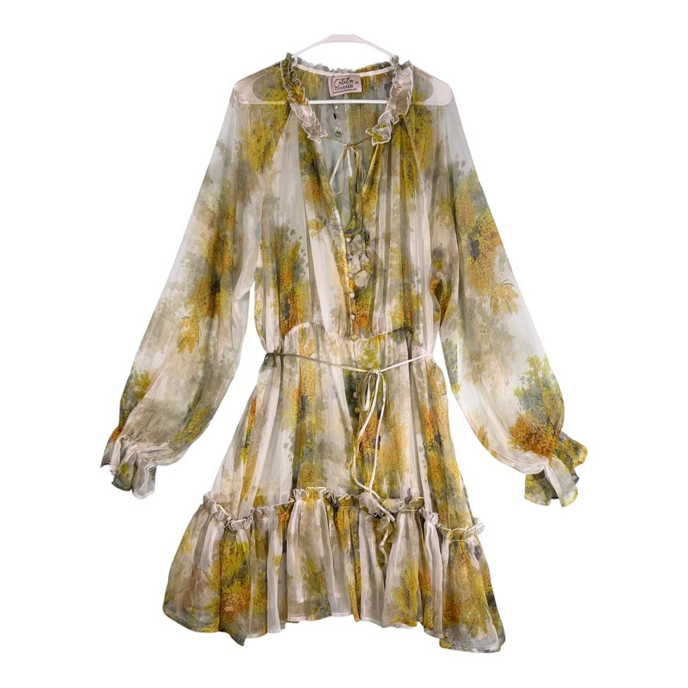 Cutely‎ Covered Size-3XL Mini Dress Yellow Floral Sheer Ruffle Long Sleeve